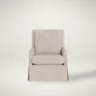 Traditional beige upholstered armchair with tailored skirt, tight back, and plush seat cushion.