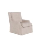 Traditional beige upholstered armchair with tailored skirt, tight back, and plush seat cushion.