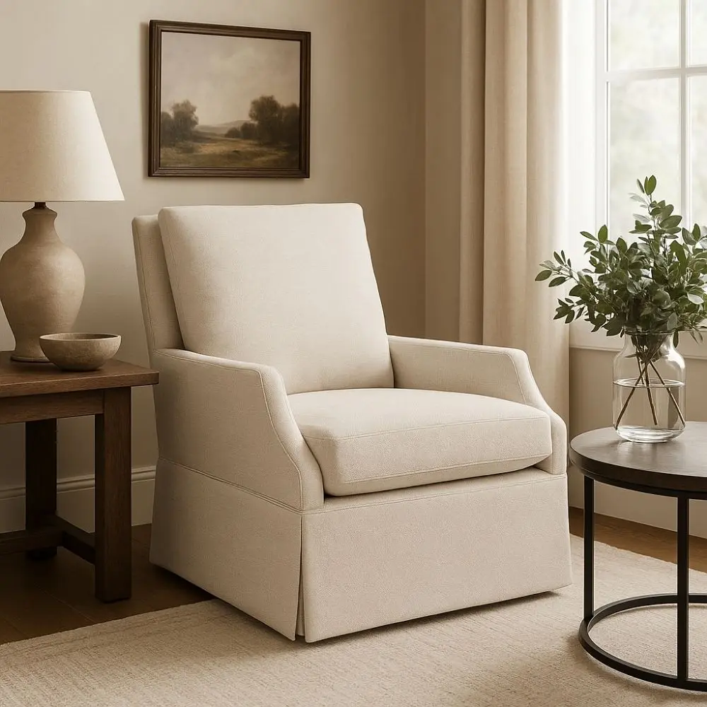 Traditional beige upholstered armchair with tailored skirt, tight back, and plush seat cushion.
