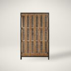 Wooden locker-style cabinet with louvered doors, black metal framing, and industrial hardware details.