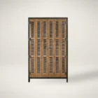 Wooden locker-style cabinet with louvered doors, black metal framing, and industrial hardware details.