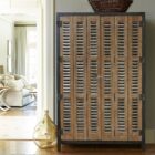 Wooden locker-style cabinet with louvered doors, black metal framing, and industrial hardware details.