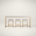 Elegant console table with a white top and brushed gold frame, paired with three coordinating upholstered stools.