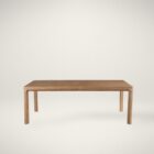 A minimalist rectangular wood dining table with soft-rounded edges and natural grain finish, shown in a studio-style background.
