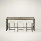 Industrial-style console table with a natural wood top, black metal frame, and three upholstered stools in ivory fabric.