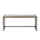 Industrial-style console table with a natural wood top, black metal frame, and three upholstered stools in ivory fabric.