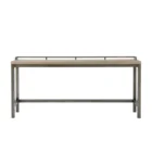 Industrial-style console table with a natural wood top, black metal frame, and three upholstered stools in ivory fabric.