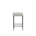 Industrial-style console table with a natural wood top, black metal frame, and three upholstered stools in ivory fabric.