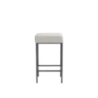 Industrial-style console table with a natural wood top, black metal frame, and three upholstered stools in ivory fabric.