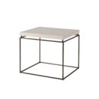 Minimalist end table with a white textured top and thin matte black metal frame.
