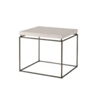 Minimalist end table with a white textured top and thin matte black metal frame.