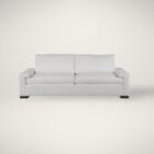 Modern white upholstered apartment sofa with low-profile arms, boxy cushions, and dark wood feet.