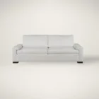 Modern white upholstered apartment sofa with low-profile arms, boxy cushions, and dark wood feet.