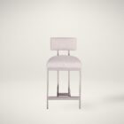 A modern counter stool featuring a soft upholstered back and seat in a neutral woven fabric, supported by a sleek polished metal frame with a footrest.