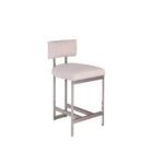 A modern counter stool featuring a soft upholstered back and seat in a neutral woven fabric, supported by a sleek polished metal frame with a footrest.