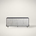 A long, low-profile entertainment console with a textured light wood front and contrasting black frame and top.