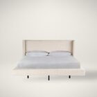 Sainte-Anne Upholstered Bed in a soft neutral fabric with modern wingback headboard and floating platform design.
