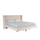 Sainte-Anne Upholstered Bed in a soft neutral fabric with modern wingback headboard and floating platform design.