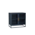 A sleek, short black metal kitchen cabinet with two glass doors, gold-tone handles, and a minimalist open base.
