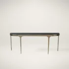 Modern console table with a sleek black stone top and elegant, tapered brass legs that curve into a rounded-edge profile.