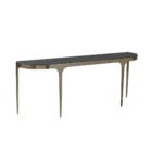 Modern console table with a sleek black stone top and elegant, tapered brass legs that curve into a rounded-edge profile.