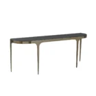 Modern console table with a sleek black stone top and elegant, tapered brass legs that curve into a rounded-edge profile.
