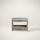 The Soren Bedside Table with marble top and wood body featuring two drawers and open shelf.