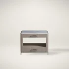 The Soren Bedside Table with marble top and wood body featuring two drawers and open shelf.