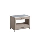 The Soren Bedside Table with marble top and wood body featuring two drawers and open shelf.
