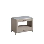 The Soren Bedside Table with marble top and wood body featuring two drawers and open shelf.
