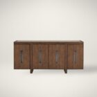 A modern wooden credenza with a warm walnut finish and four cabinet doors, each featuring a vertical rectangular glass inset for subtle transparency.