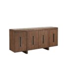 A modern wooden credenza with a warm walnut finish and four cabinet doors, each featuring a vertical rectangular glass inset for subtle transparency.