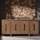A modern wooden credenza with a warm walnut finish and four cabinet doors, each featuring a vertical rectangular glass inset for subtle transparency.