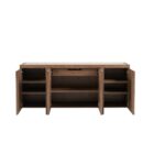 A modern wooden credenza with a warm walnut finish and four cabinet doors, each featuring a vertical rectangular glass inset for subtle transparency.
