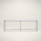 Minimalist console table with a white textured top and ultra-thin black metal frame in a rectangular silhouette.