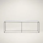 Minimalist console table with a white textured top and ultra-thin black metal frame in a rectangular silhouette.