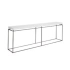 Minimalist console table with a white textured top and ultra-thin black metal frame in a rectangular silhouette.