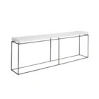Minimalist console table with a white textured top and ultra-thin black metal frame in a rectangular silhouette.