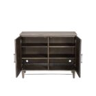 Dark wood two-door cabinet with sunburst carved front panel and modern rectangular handles.