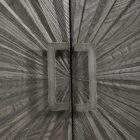 Dark wood two-door cabinet with sunburst carved front panel and modern rectangular handles.