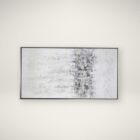 Abstract wall art featuring a softly blended palette of whites, greys, and subtle metallics, framed in a slim black frame.