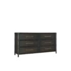 Dark wood six-drawer dresser with brass hardware and rounded frame details.