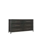 Dark wood six-drawer dresser with brass hardware and rounded frame details.