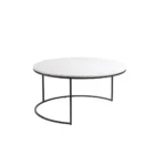Set of two round nesting coffee tables with white marble tops and thin black metal bases, shown partially stacked.