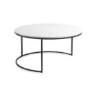 Set of two round nesting coffee tables with white marble tops and thin black metal bases, shown partially stacked.