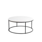 Set of two round nesting coffee tables with white marble tops and thin black metal bases, shown partially stacked.