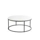 Set of two round nesting coffee tables with white marble tops and thin black metal bases, shown partially stacked.