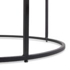 Set of two round nesting coffee tables with white marble tops and thin black metal bases, shown partially stacked.