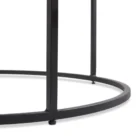 Set of two round nesting coffee tables with white marble tops and thin black metal bases, shown partially stacked.