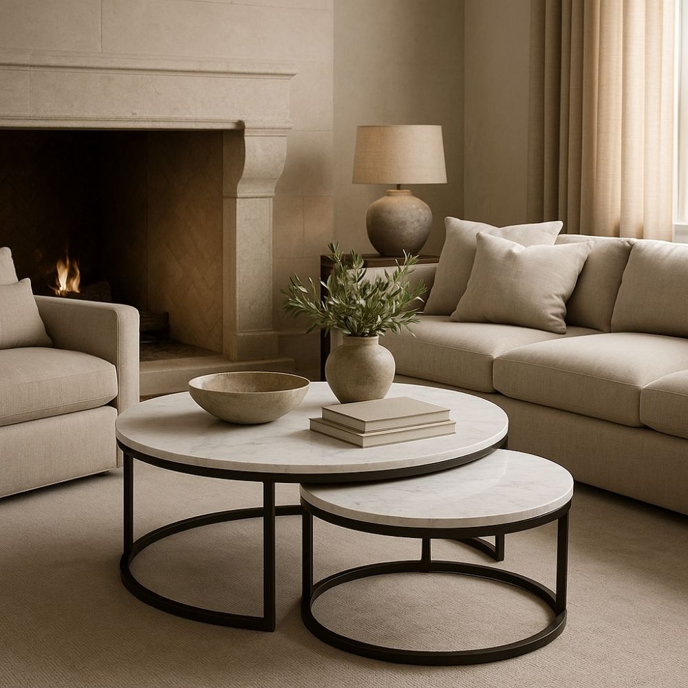 Set of two round nesting coffee tables with white marble tops and thin black metal bases, shown partially stacked.